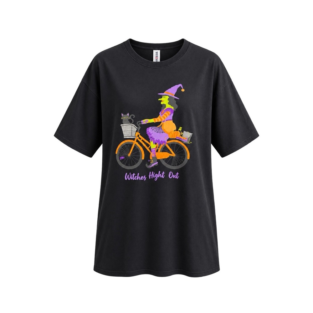 JERZEES Witches Night Out Halloween T-Shirt 2XL Witch Bicycle Black Cat Graphic